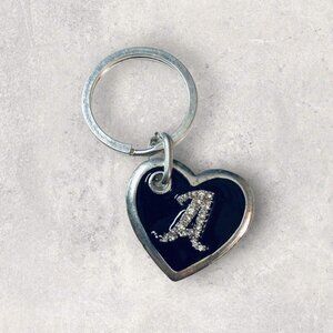 A Heart Keychain Keyring Black Enamel Rhinestones Silvertone